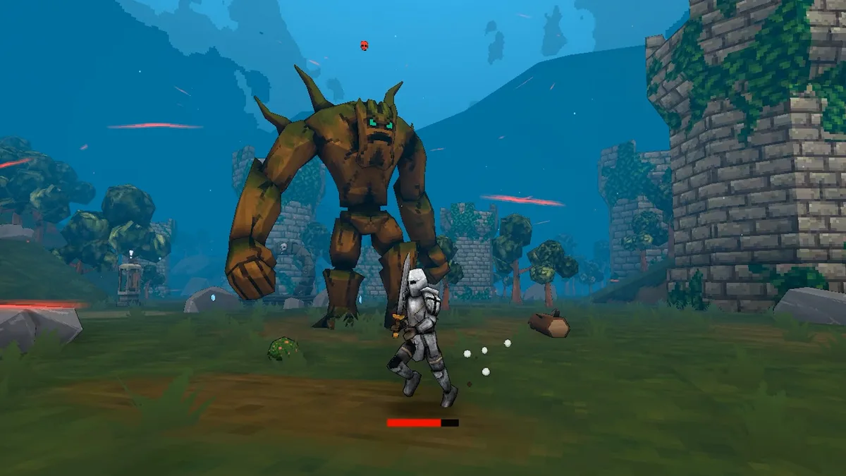 Megabonk gameplay showing an armored player facing a giant boss among ruined towers